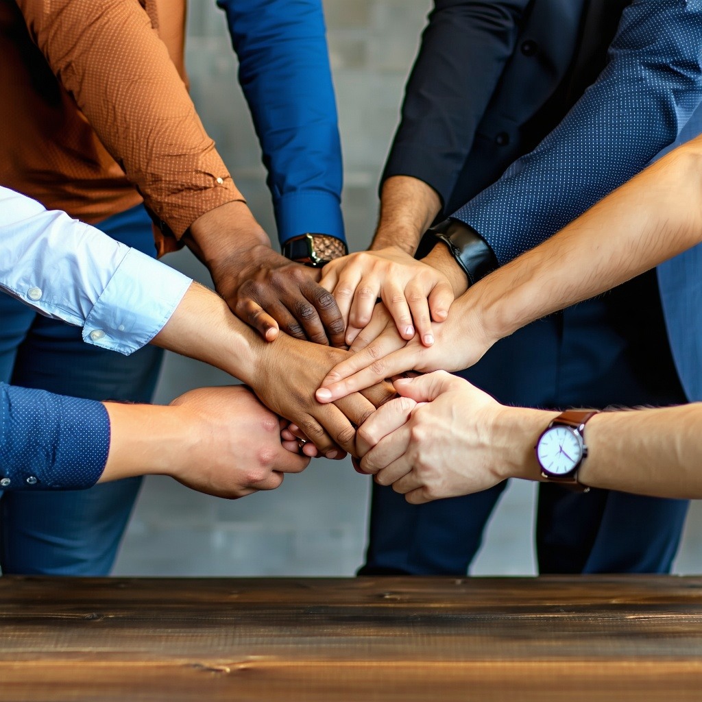 A diverse team collaborating around a table representing partnership and innovation